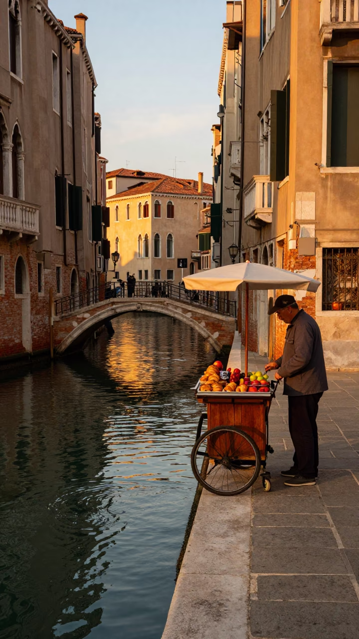 Venice Italy Sunset Street Scene with Traditional Croissants and Fruit Knife in in Venice, Italy