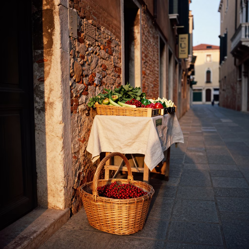 Venice Italy Sunset Street Scene with Woven Basket and Linen Cloth in in Venice, Italy