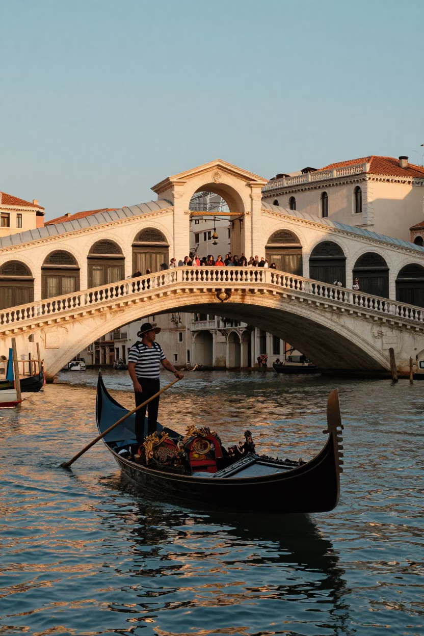 Venice Italy Sunset Stroll Near Rialto Bridge Traditional Gondola and Tourist Activity in in Venice, Italy