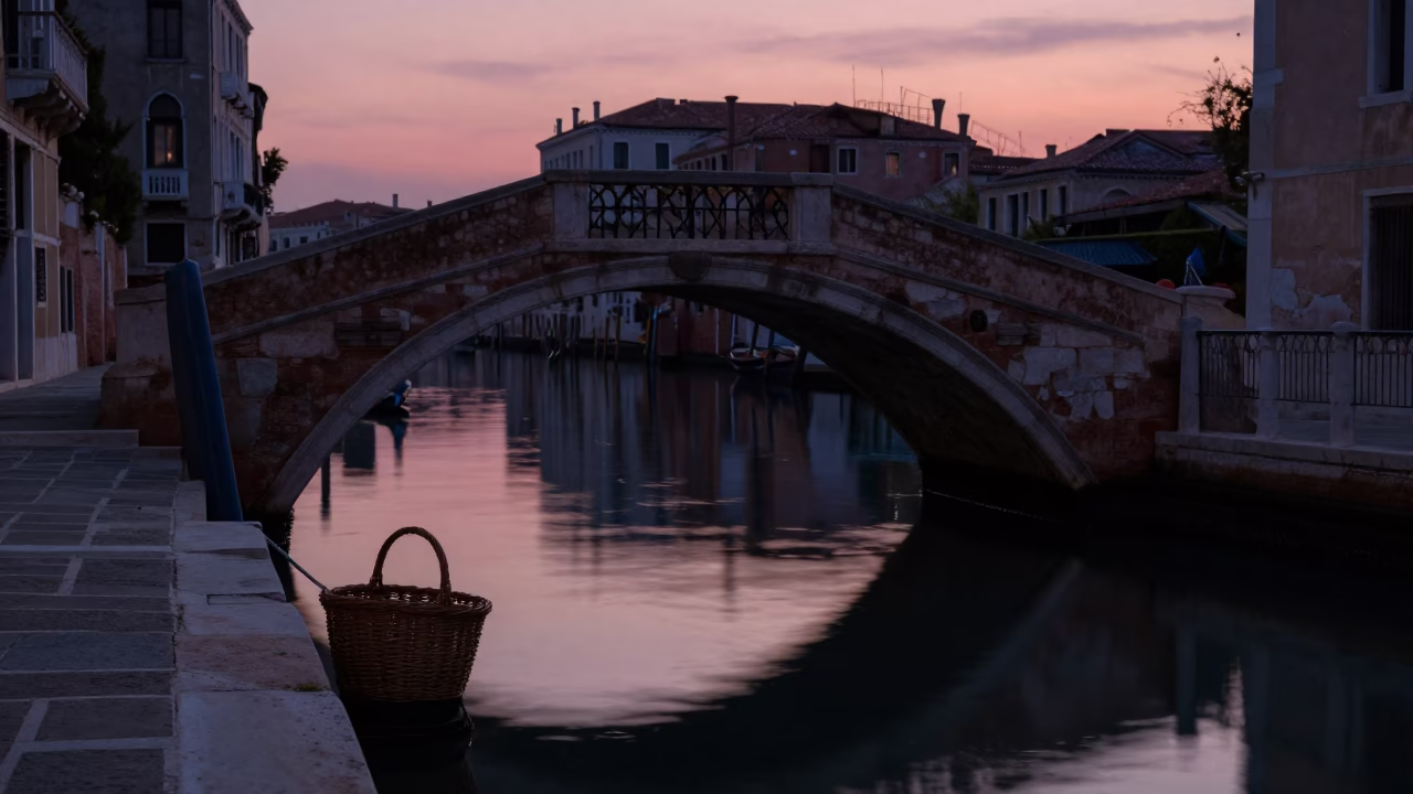 Venice Italy Twilight Canal Bridge Reflections Wicker Basket Shadow in in Venice, Italy