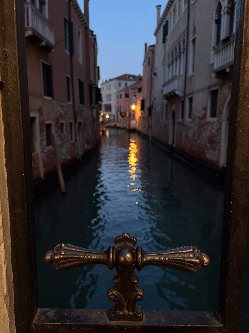 Venice Italy Twilight Canal Scene with Gate Handle and Local Life in in Venice, Italy