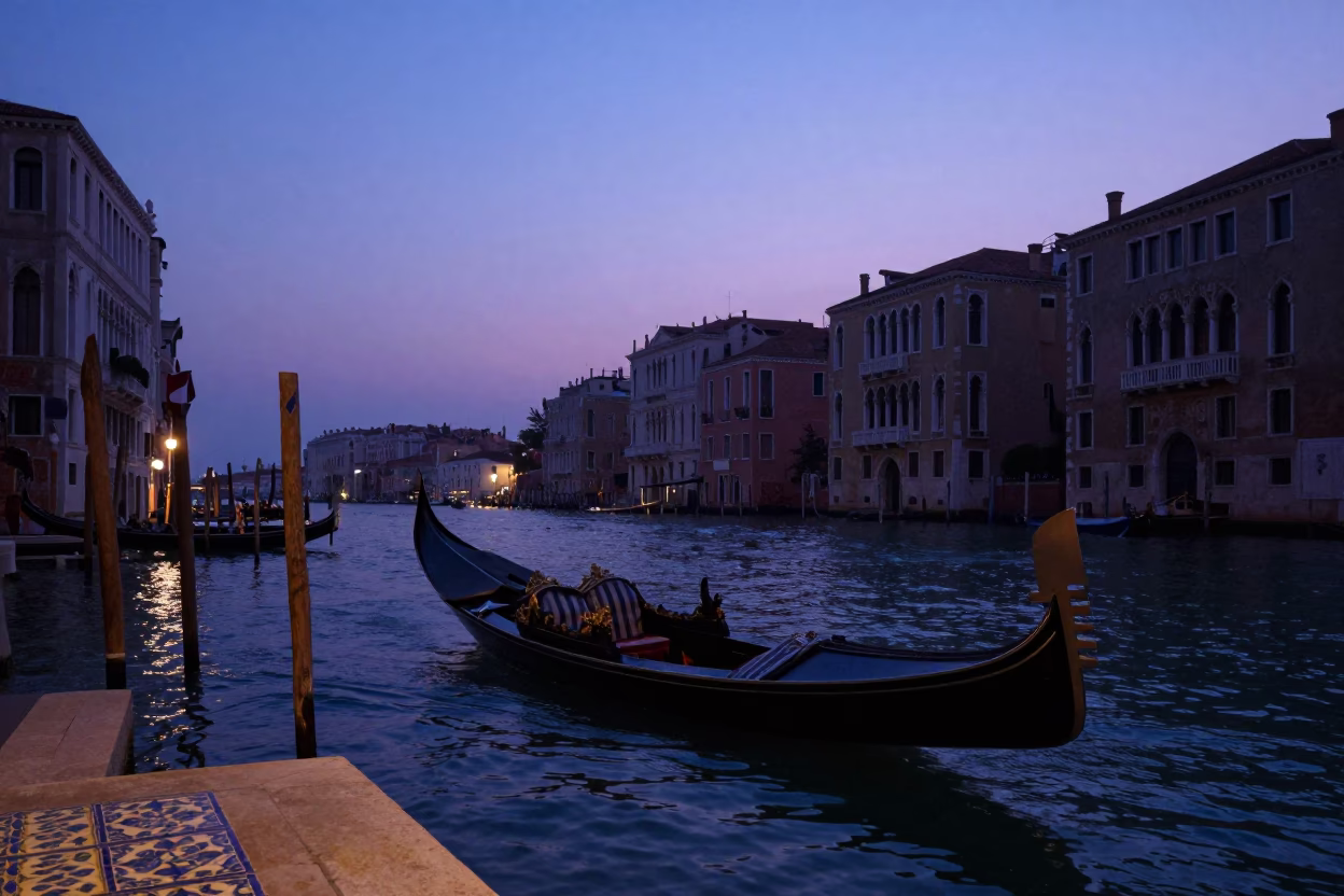 Venice Italy Twilight Canal Scene With Gondola And Ceramic Tile Architecture in in Venice, Italy