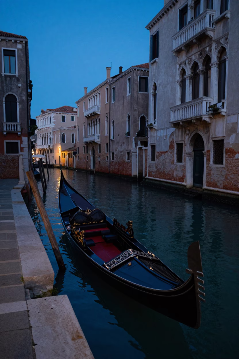 Venice Italy Twilight Canal Scene with Gondola and Historic Architecture in in Venice, Italy