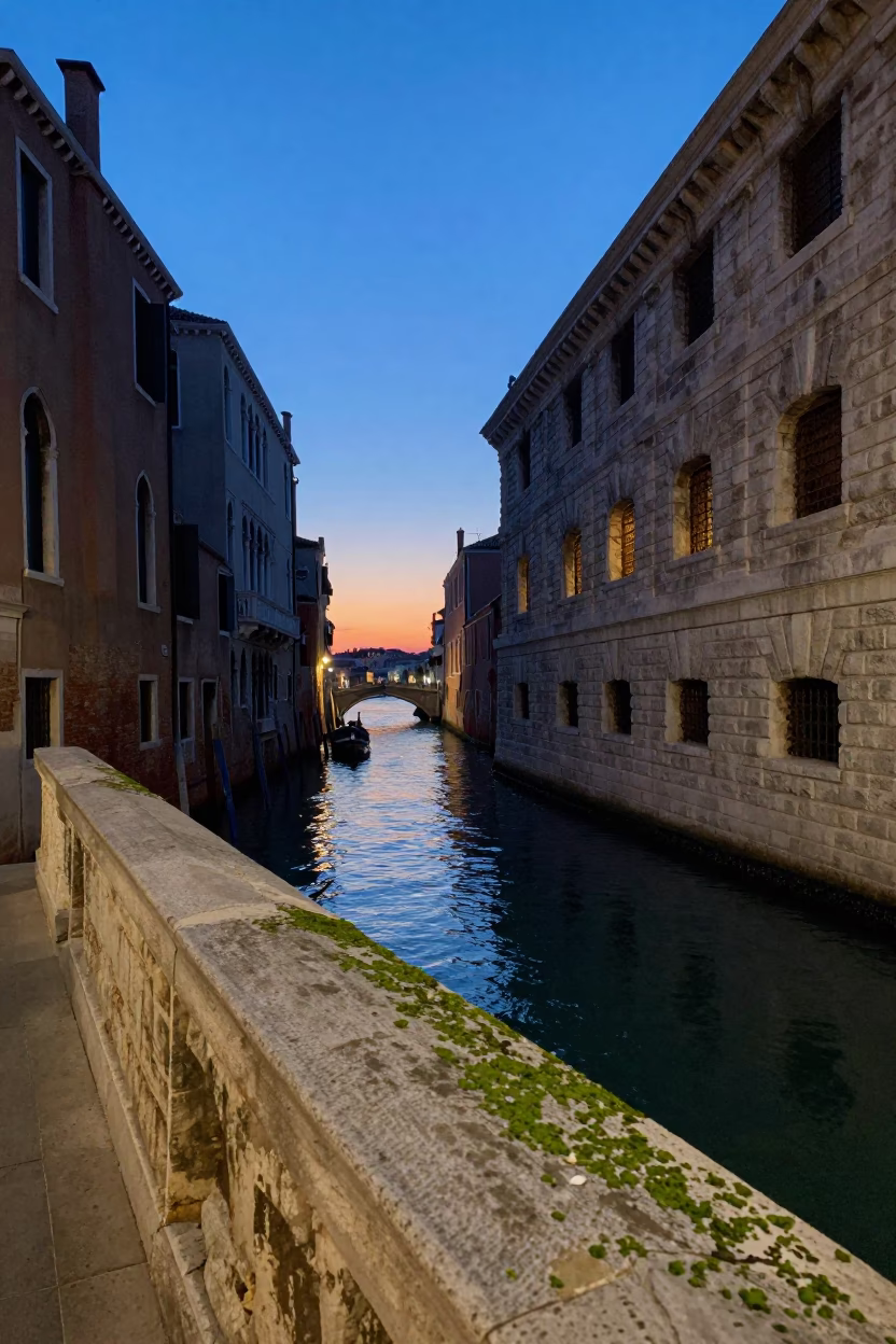 Venice Italy Twilight Canal View Mossy Stone Wall and Traditional Waterfront Architecture in in Venice, Italy