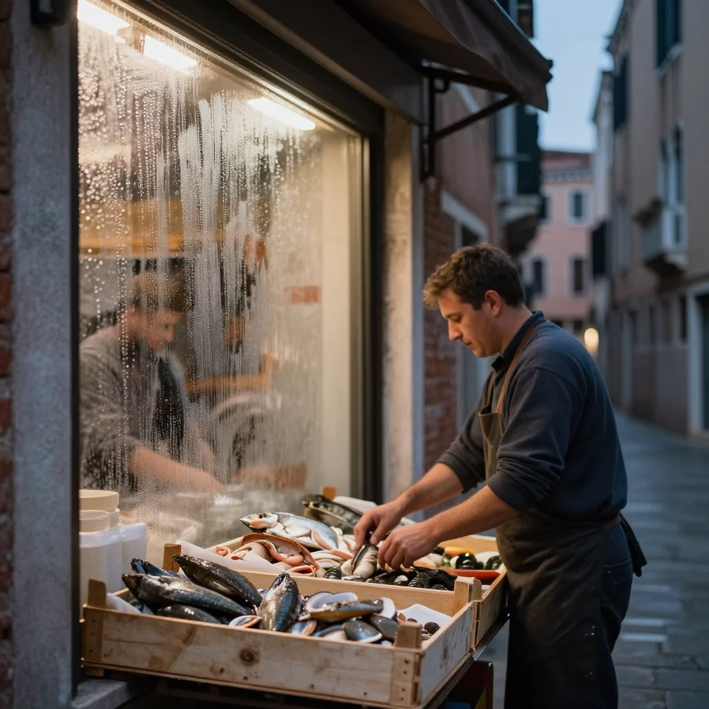 Venice Italy Twilight Street Scene with Condensation on Window Glass and Local Life in in Venice, Italy