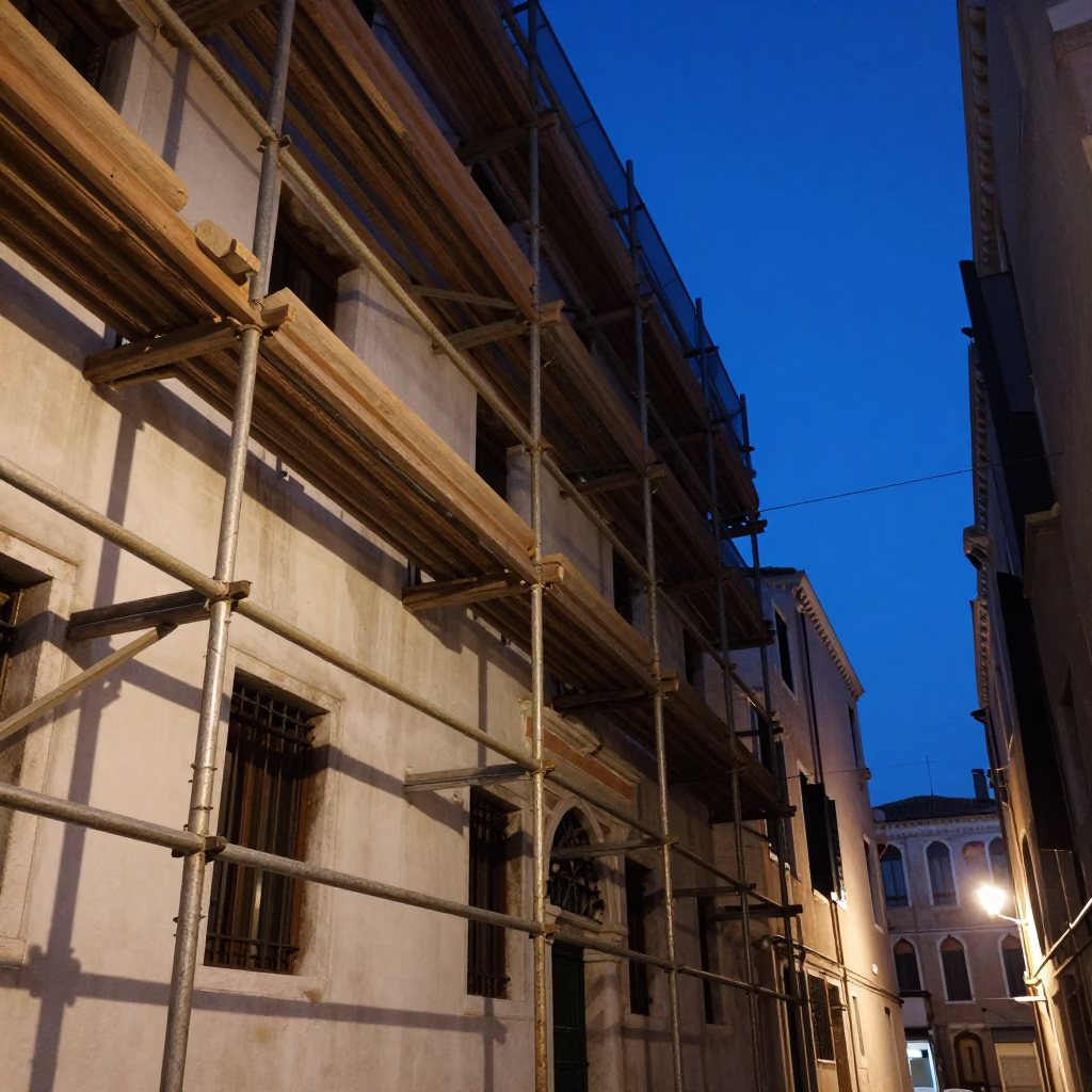 Venice Italy Twilight Street Scene with Geometric Scaffold Joints and Traditional Lampshade in in Venice, Italy