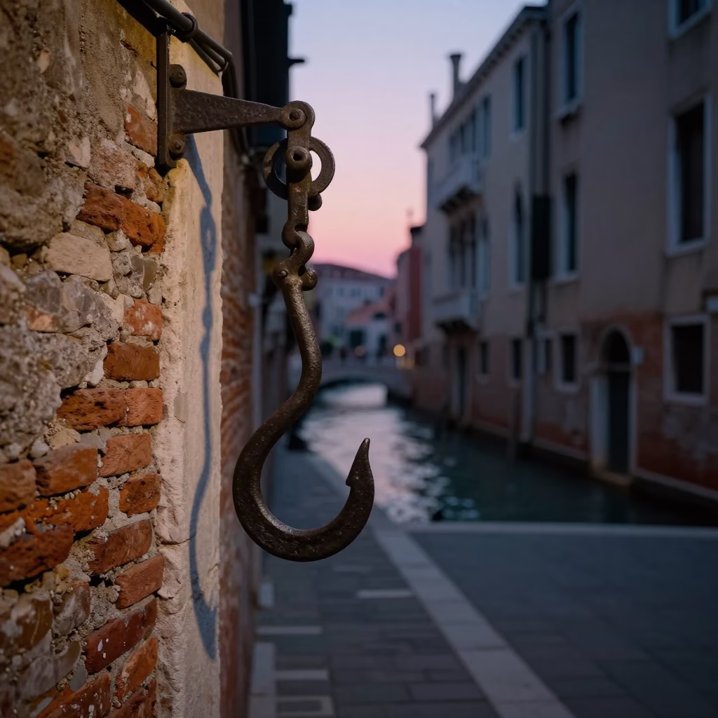 Venice Italy Twilight Street Scene with Iron Hook and Water Reflections in in Venice, Italy