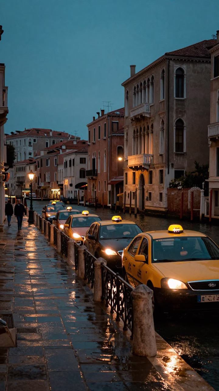 Venice Italy Twilight Street Scene with Taxi Rank and Canal Reflections in in Venice, Italy