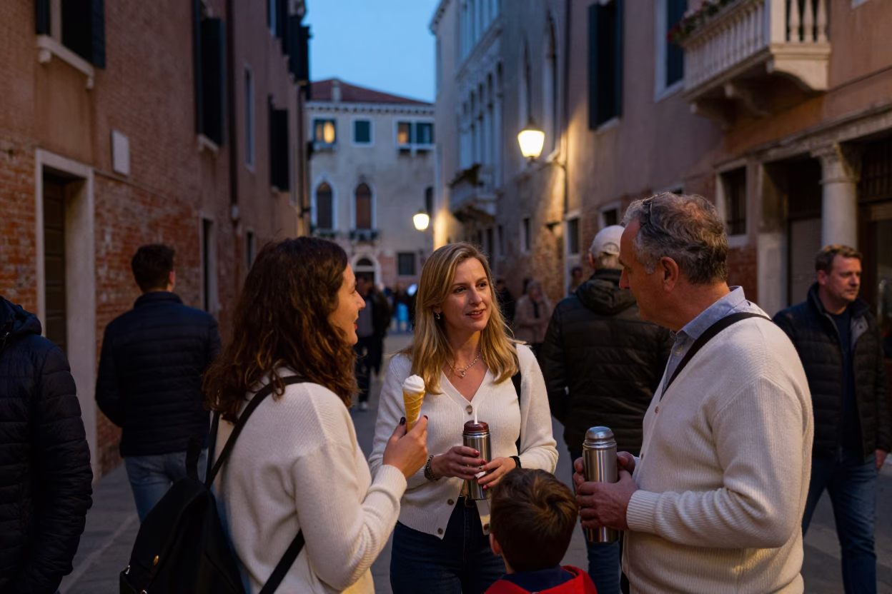Venice Italy Twilight Street Scene with Tourists and Local Life in in Venice, Italy