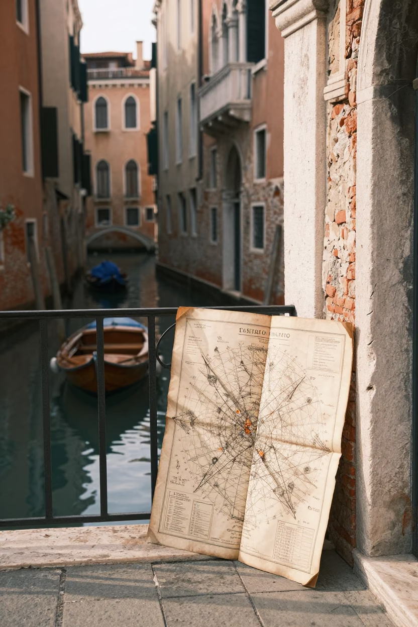 Venice Late Morning Canal Scene with Antique Nautical Chart Compass Rose in in Venice, Italy