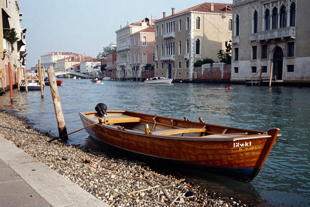 Venice Late Morning Canal Scene with Rowing Boat and Storage Tins in in Venice, Italy