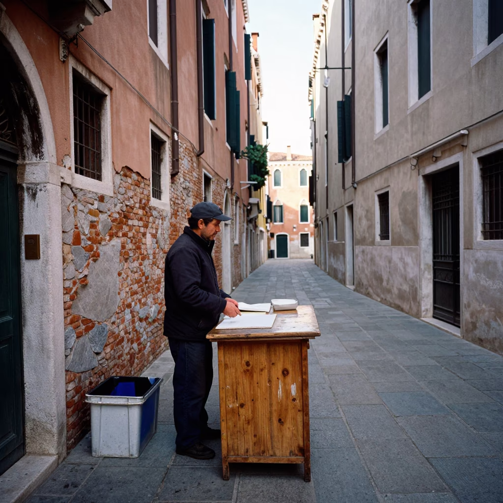 Venice Late Morning Street Scene with Local Vendor and Everyday Objects in in Venice, Italy