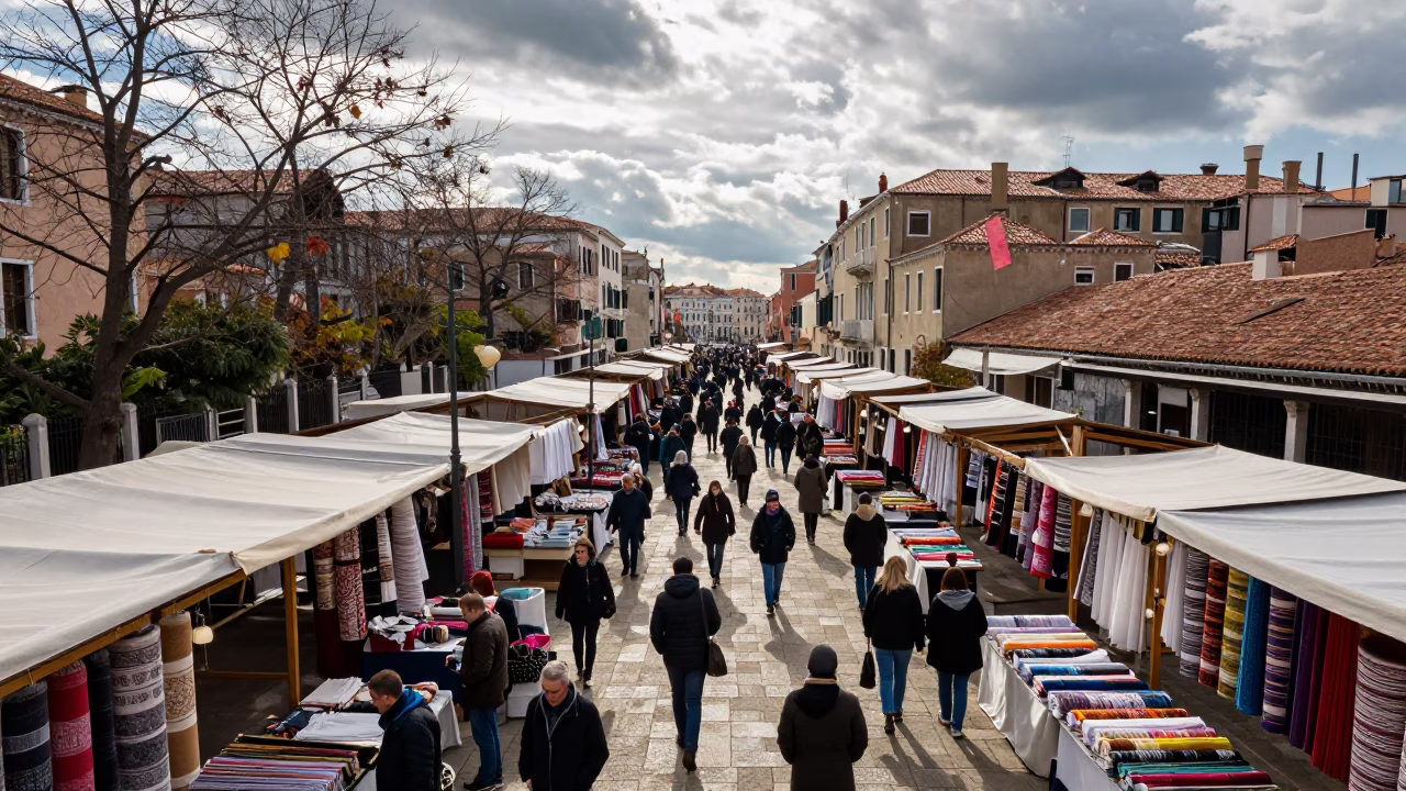Venice Market Aisle Textile Stalls Aerial View in at a textile trader's stall in San Marco, Venice