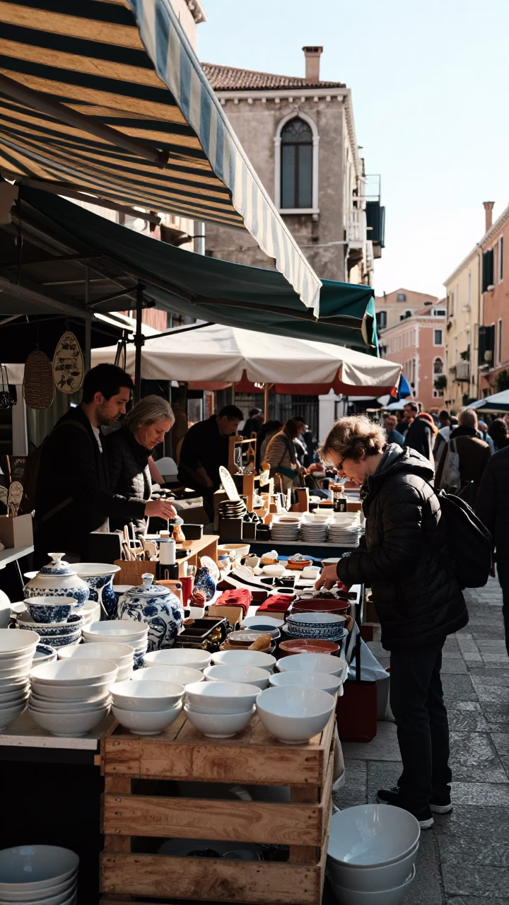 Venice Market Stall at As First Light Reaches The Scene in in Venice, Italy