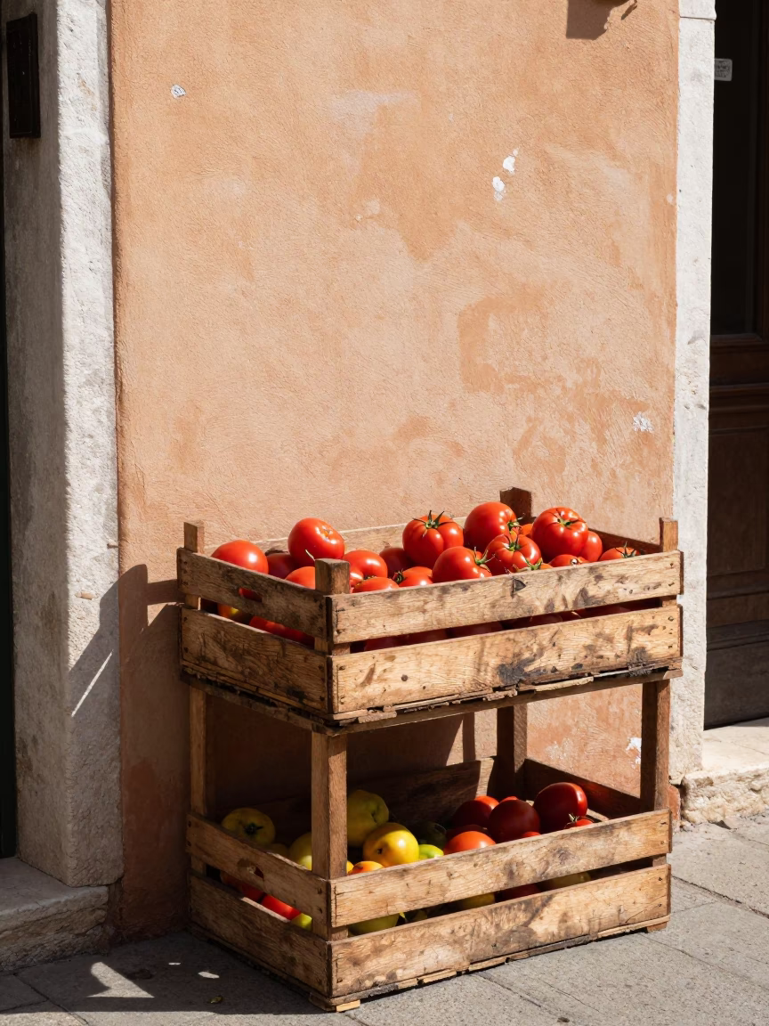 Venice Market Stall with Fruit Crate Under Flat Noon Glare 1970s in in Venice, Italy