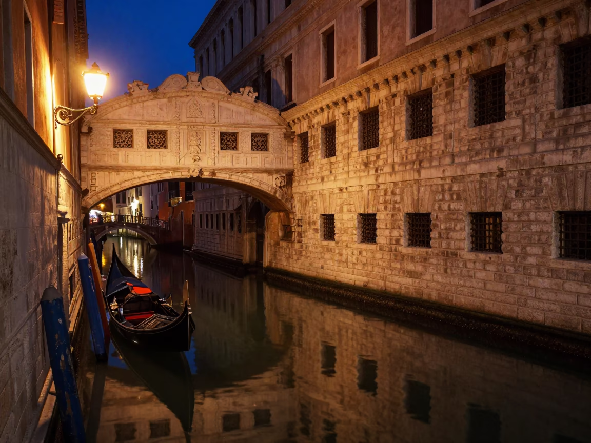 Venice Midnight Canal Reflections with Gondola and Historic Architecture in in Venice, Italy