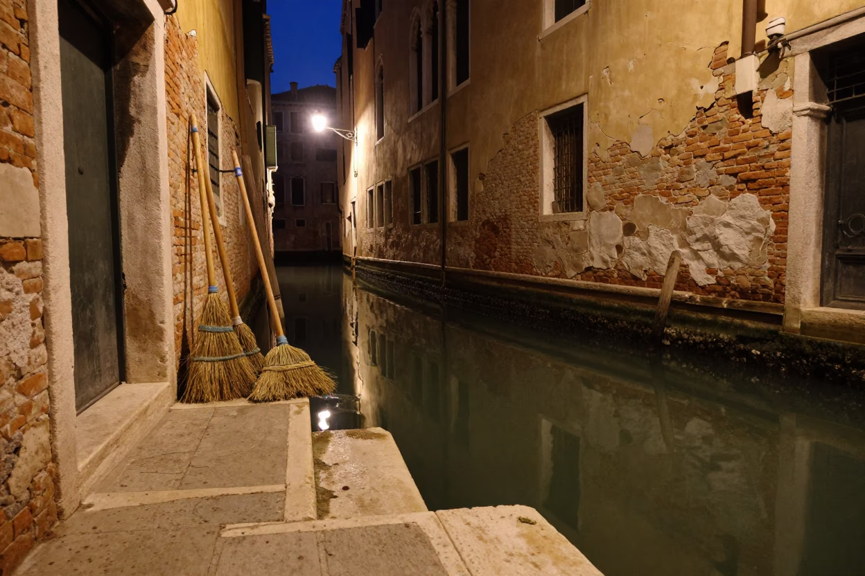 Venice Midnight Canal Scene with Waterfront Brooms and Worn Wood Details in in Venice, Italy