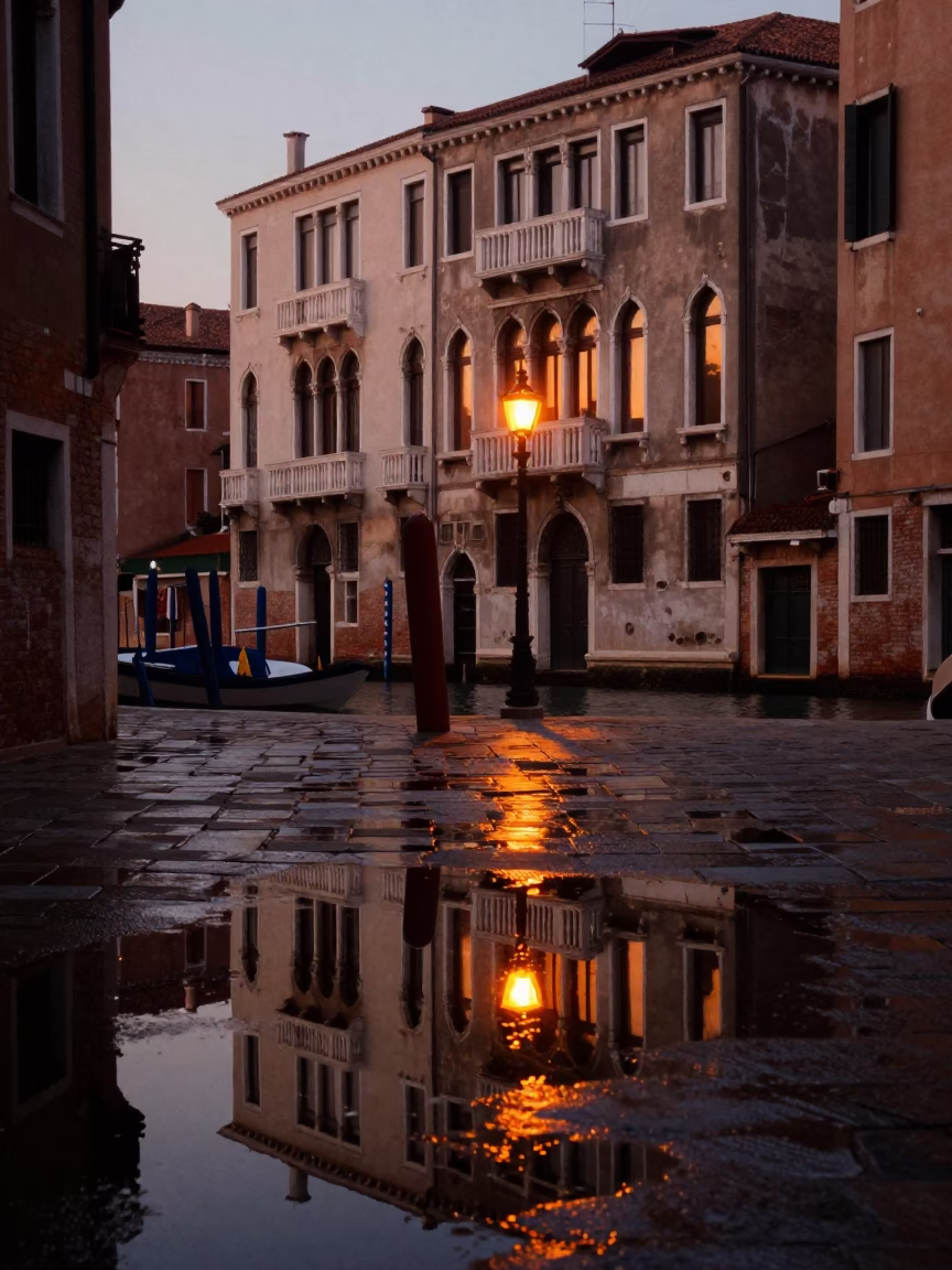 Venice Nautical Dawn Puddle Reflections Hotel Windows Tail Lights Busy Street Scene in in Venice, Italy