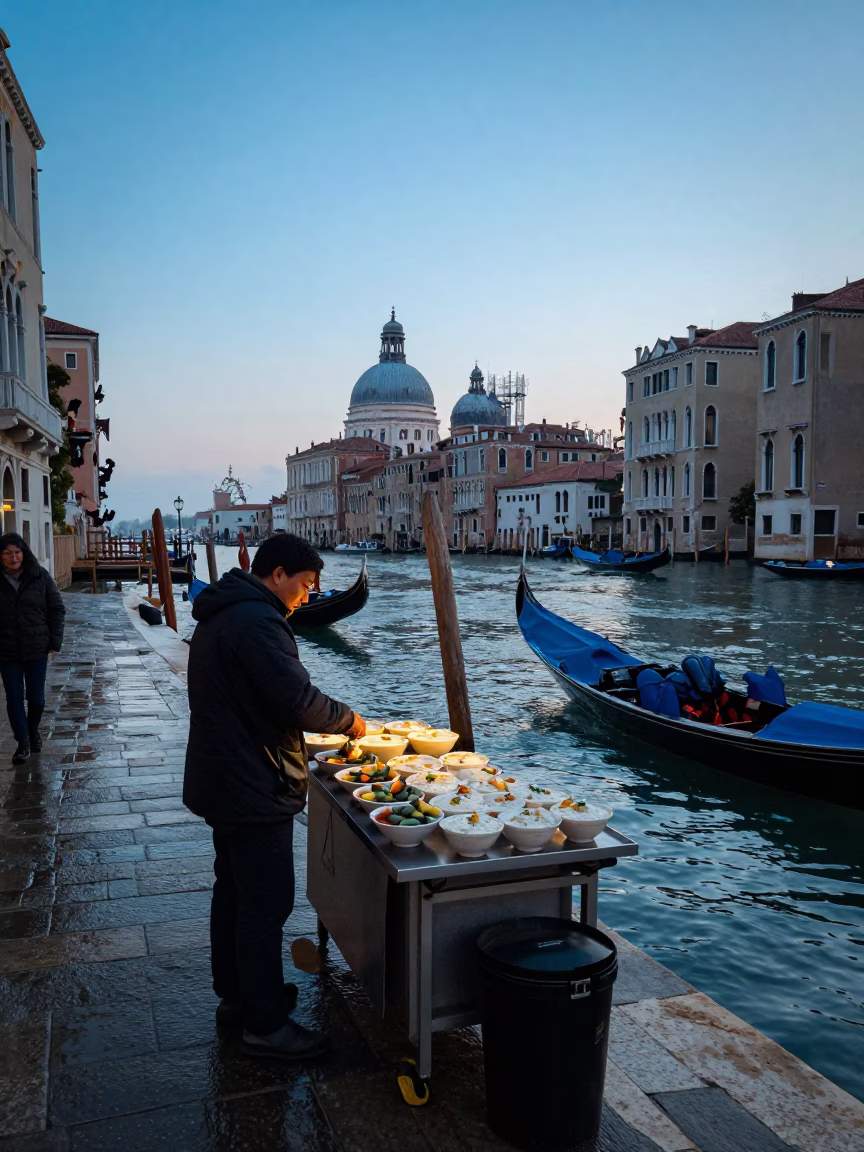 Venice Nautical Dawn Street Scene with Local Vendor and Canal Reflections in in Venice, Italy
