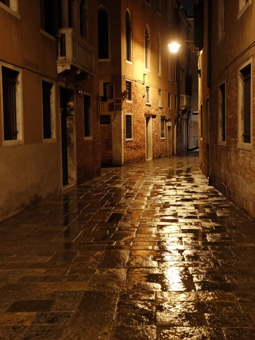 Venice Night Canal Reflections and Cobblestone Street Life in in Venice, Italy