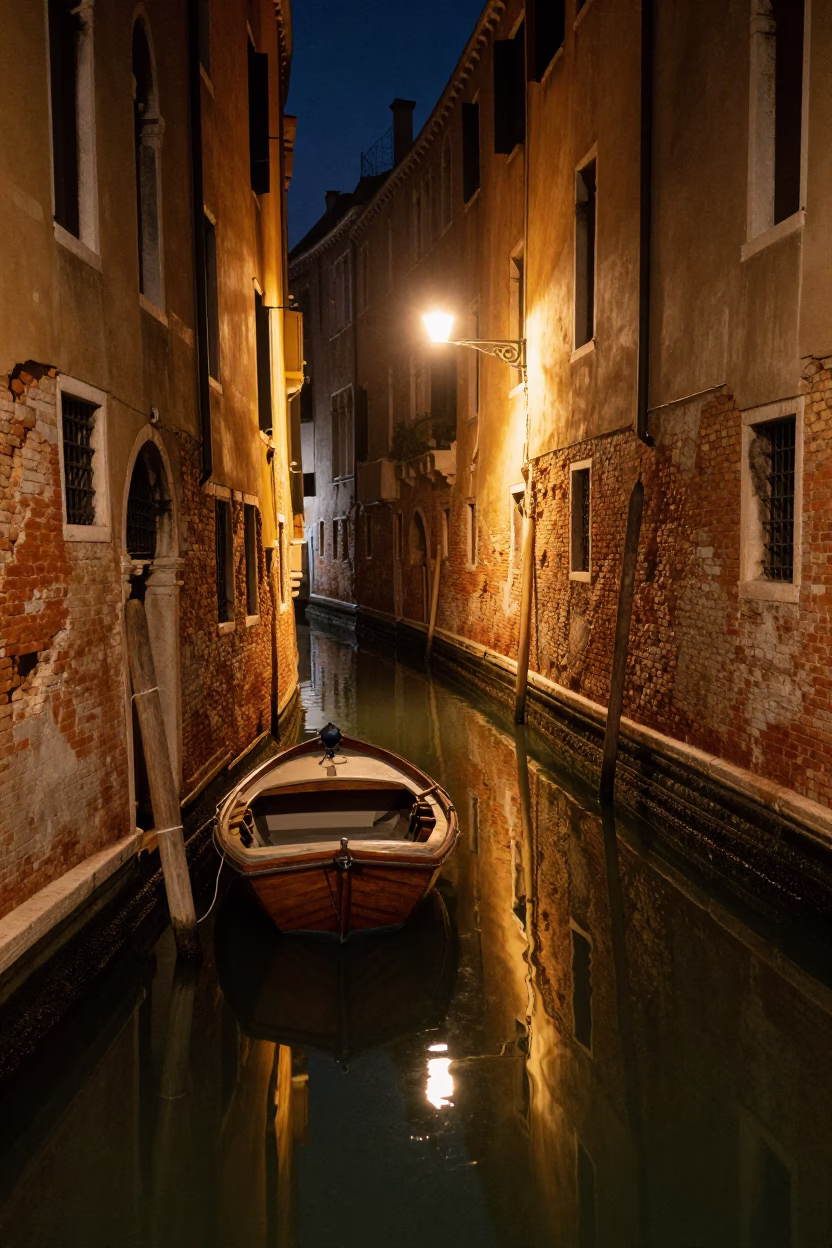 Venice Night Canal Reflections and Moored Rowing Boat in in Venice, Italy