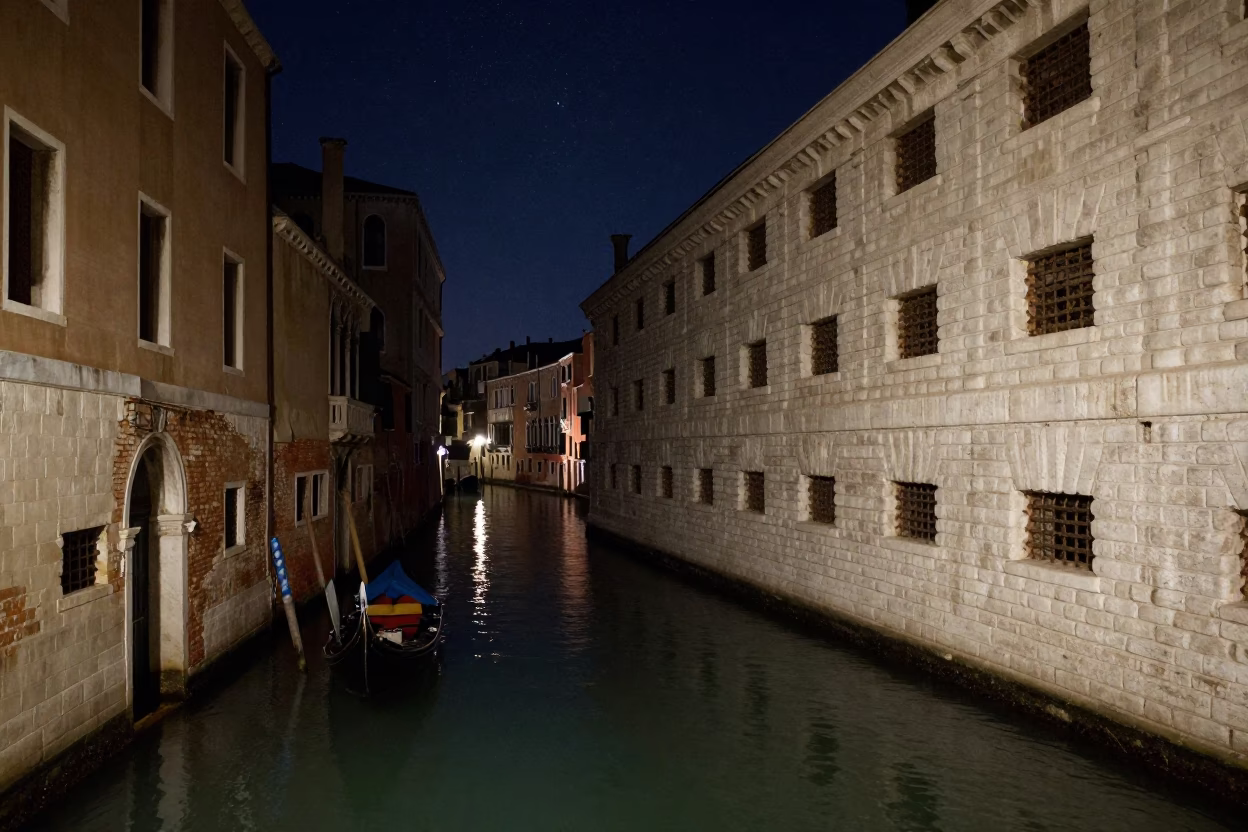 Venice Night Canal Scene with Moored Gondola and Brick Architecture Under Starry Sky in in Venice, Italy