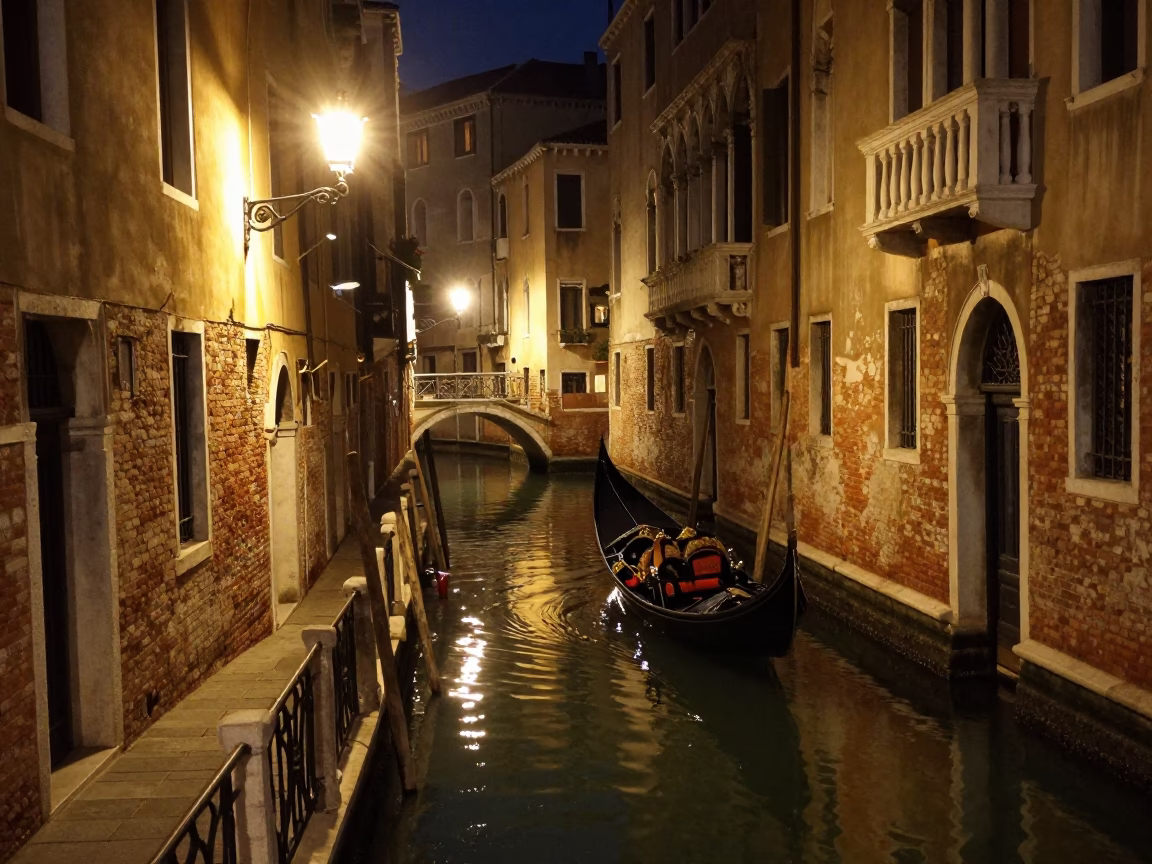 Venice Night Canal Street Scene with Gondola and Historic Architecture in in Venice, Italy