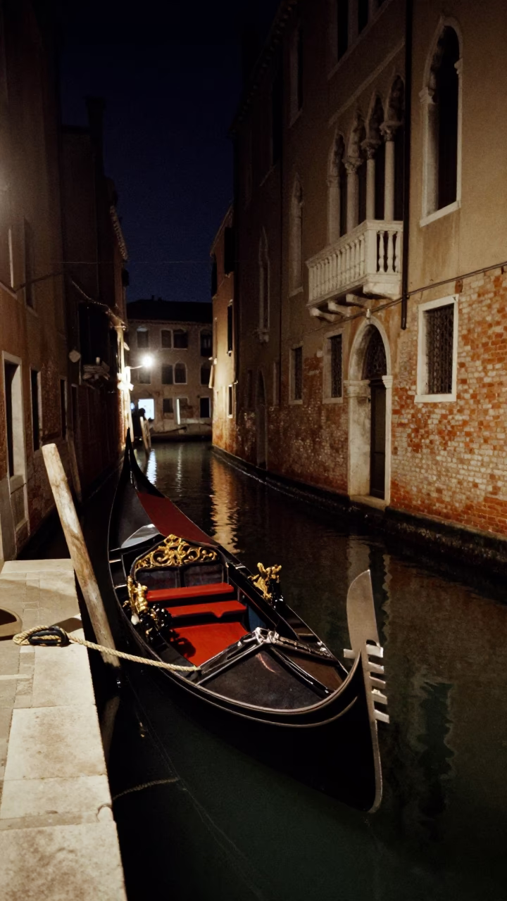 Venice Night Canal with Gondola Mooring Rope and Brick Architecture in in Venice, Italy