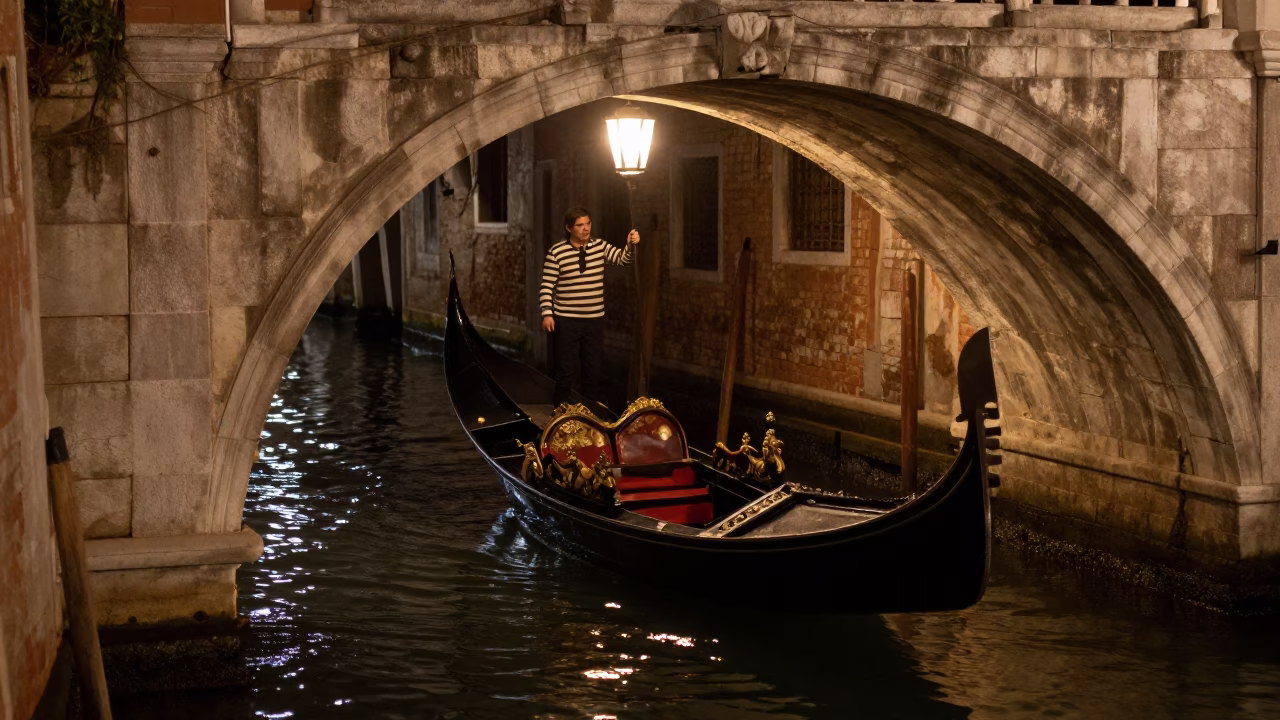 Venice Night Gondola Ride Under Stone Archway with Lantern Light in in Venice, Italy
