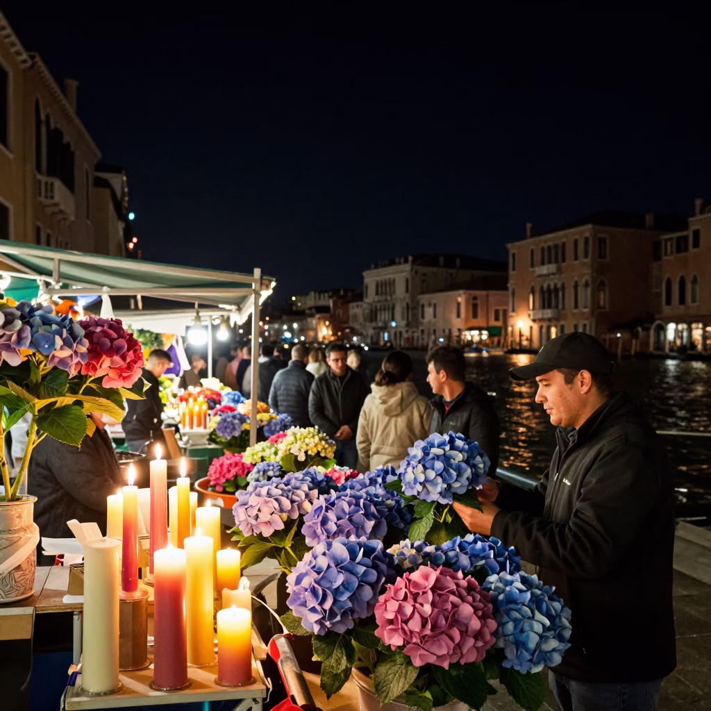 Venice Night Market Stall with Taper Candles and Colorful Hydrangeas in in Venice, Italy