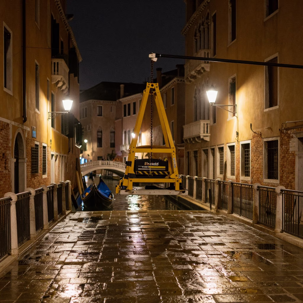 Venice Night Scene with Bridge Maintenance Cradle and Chain Ferry Crossing in in Venice, Italy