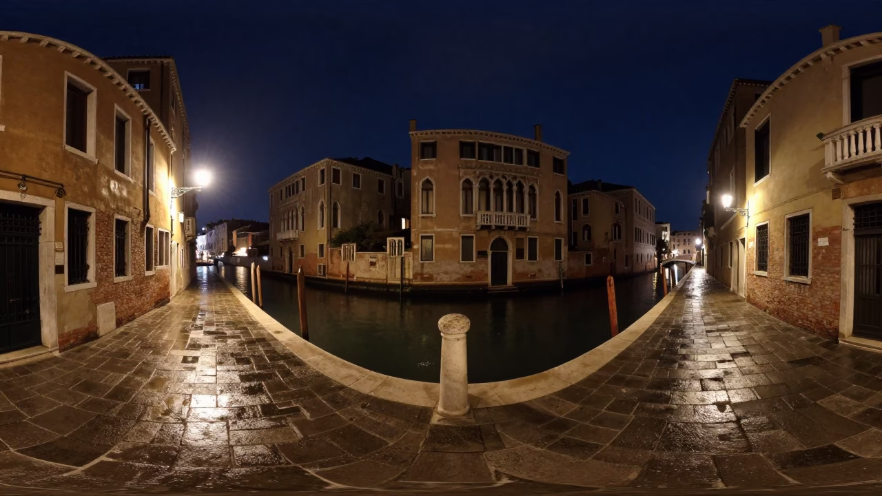Venice Night Street Scene with Cobblestones and Canal Reflections Under Deep Darkness in in Venice, Italy