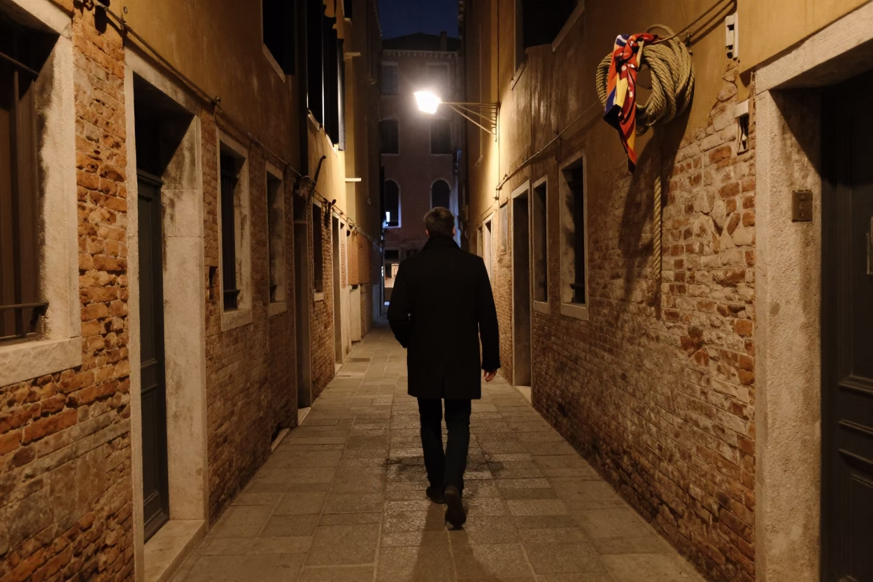 Venice Night Street Scene with Coiled Rope and Scarf on Cobblestone in in Venice, Italy