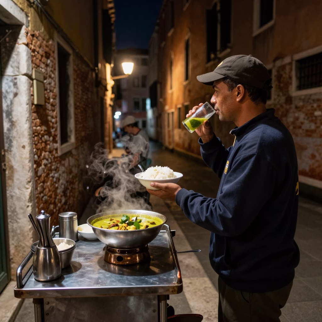 Venice Night Street Scene with Green Curry and Drinking Vessel in in Venice, Italy
