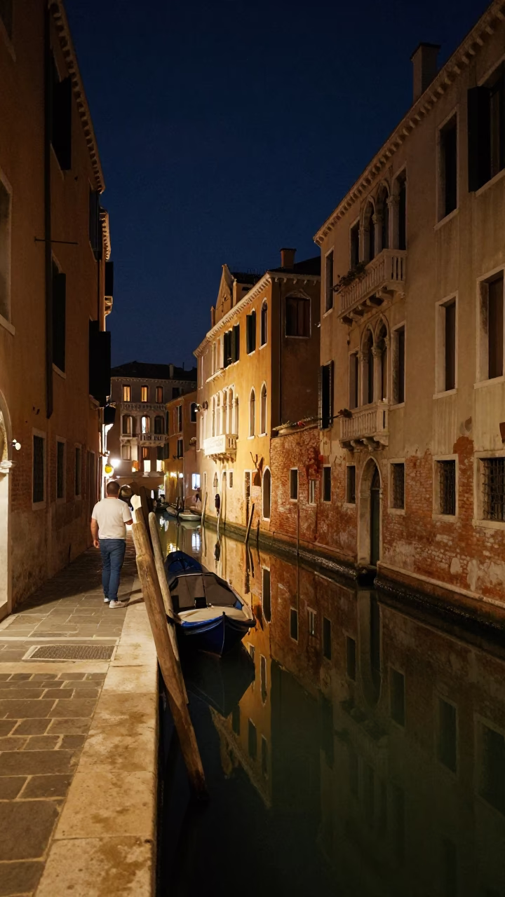 Venice Night Street Scene with Reflections and Canal Water in in Venice, Italy