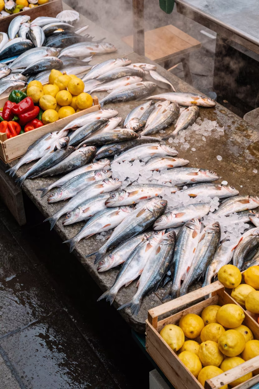 Venice Rialto Fish Market Dawn Mist in at a market stall in Venice