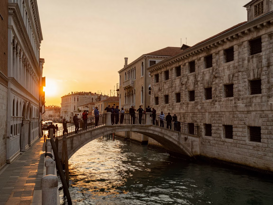 Venice Sunset Canal Bridge Scene with Tourists and Water Reflections in in Venice, Italy