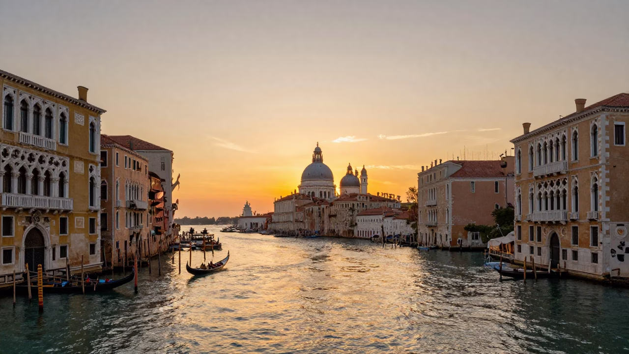 Venice Sunset Canal Scene with Gondola and Historic Architecture in in Venice, Italy