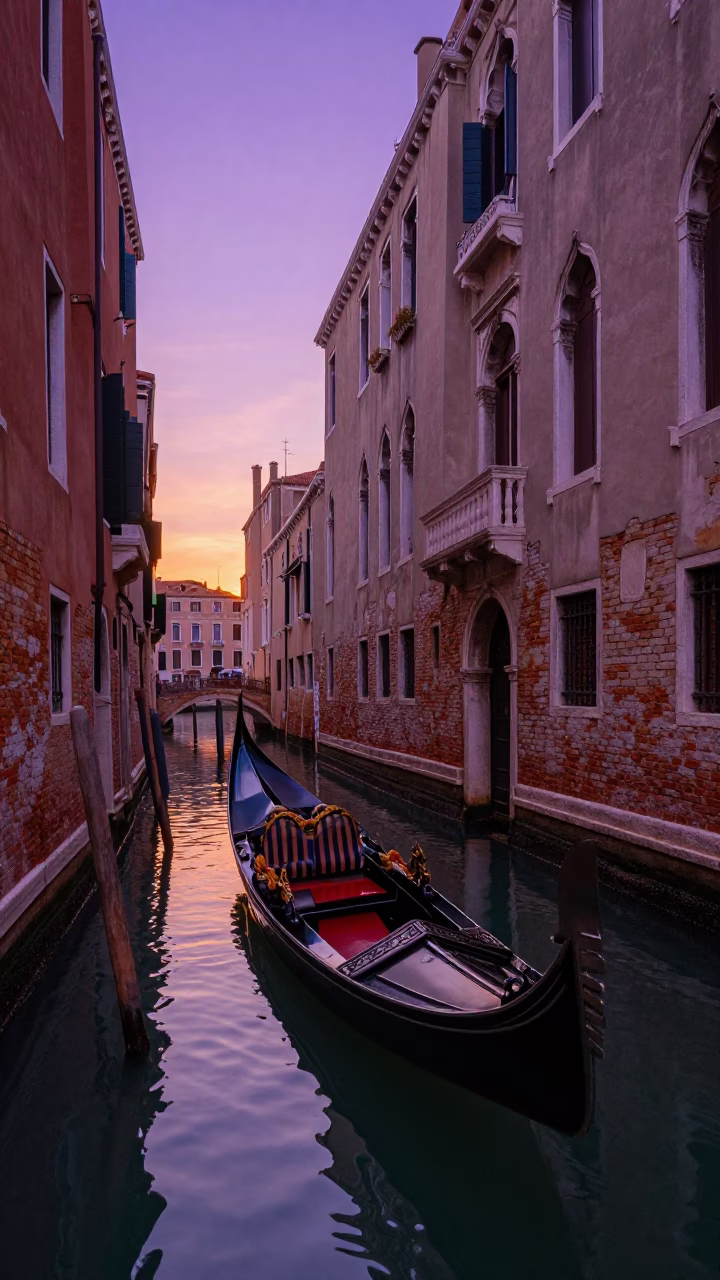 Venice Sunset Canal Scene with Traditional Gondola and Historic Brick Architecture in in Venice, Italy
