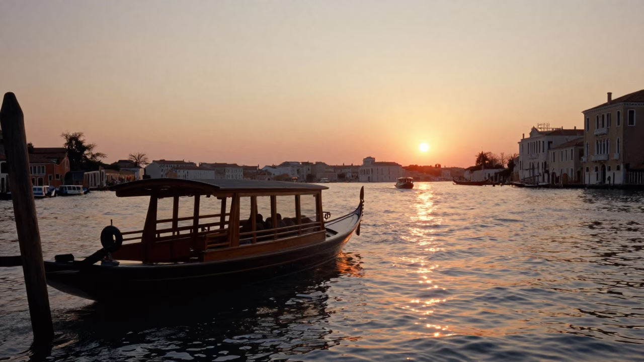 Venice Sunset Canal Scene with Traditional Wooden Boat and Local Life in in Venice, Italy