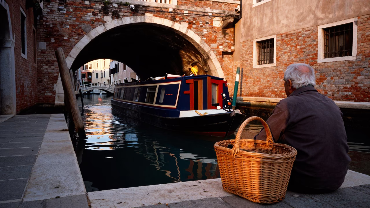 Venice Sunset Canal Scene with Wicker Hamper and Narrowboat Passing Brick Tunnel in in Venice, Italy