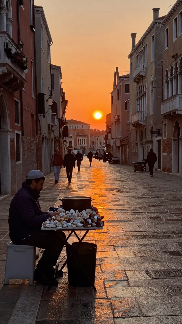 Venice Sunset Street Scene with Seashells and Cooking Pot in in Venice, Italy