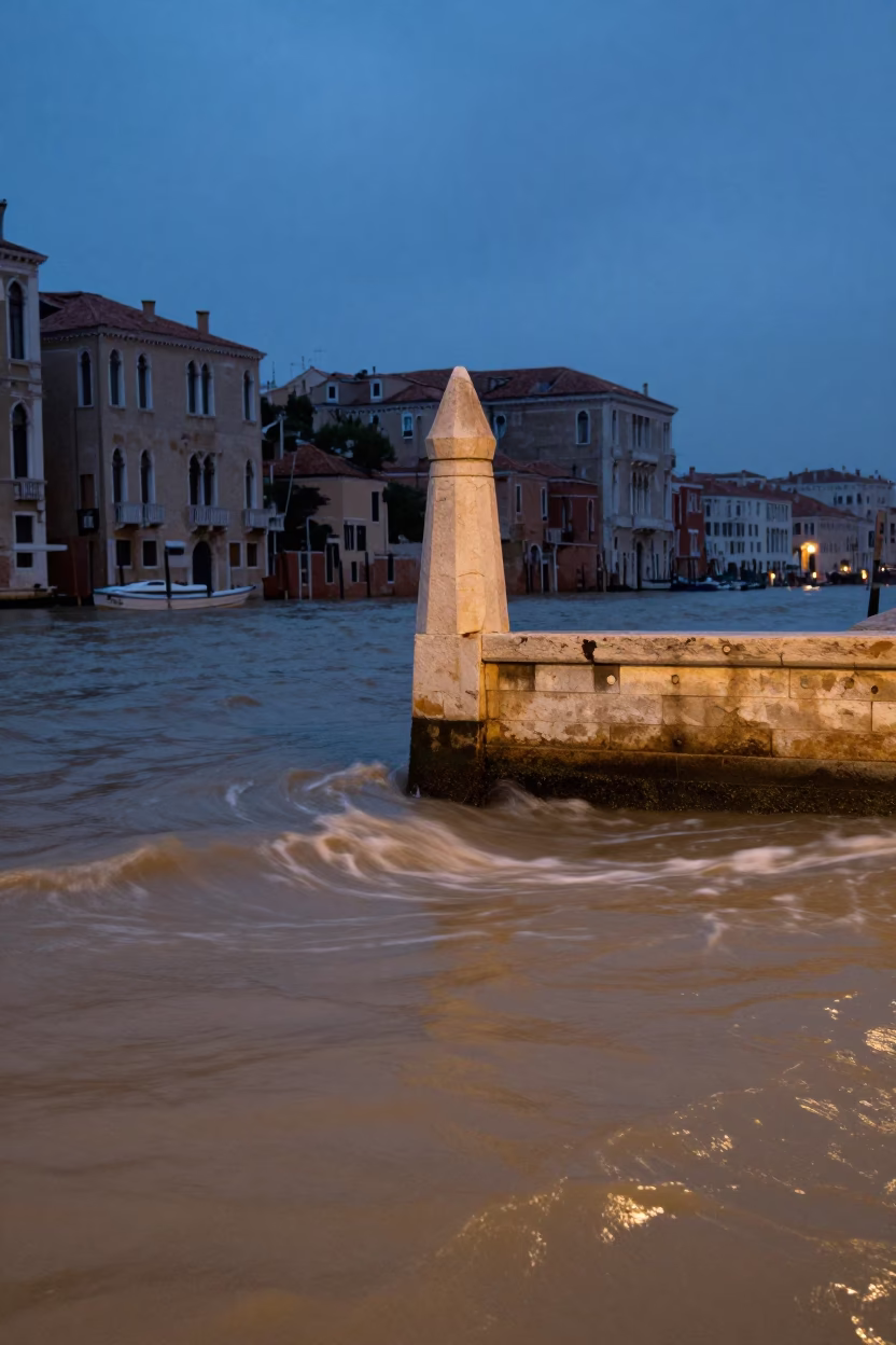 Venice Twilight Bridge Pier Cutwater Splitting Flood Brown Current Canal Scene in in Venice, Italy