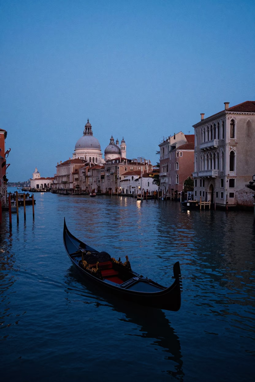 Venice Twilight Canal Scene with Gondola and Historic Architecture in in Venice, Italy