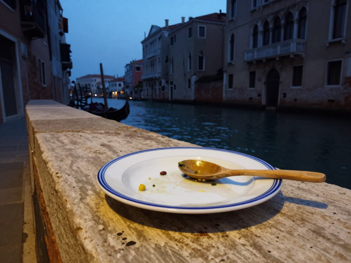 Venice Twilight Street Scene with Blue and White Porcelain Plate and Olive Wood Spoon in in Venice, Italy