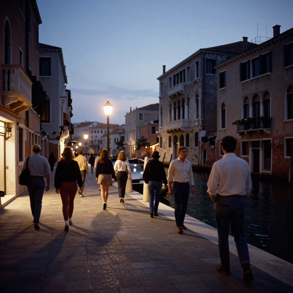 Venice Twilight Street Scene with Canal and Traditional Architecture in in Venice, Italy