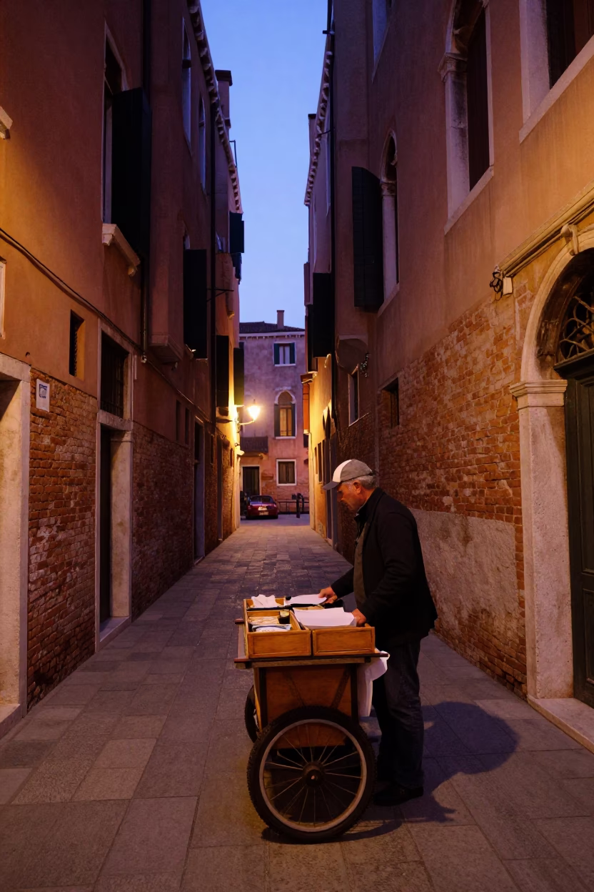 Venice Twilight Street Scene with Local Vendor and Vintage Storage Tin in in Venice, Italy