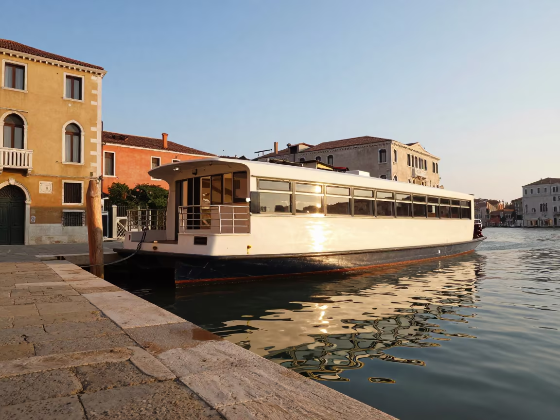 Venice Water Bus at Pier in Evening Light in near Castello, Venice
