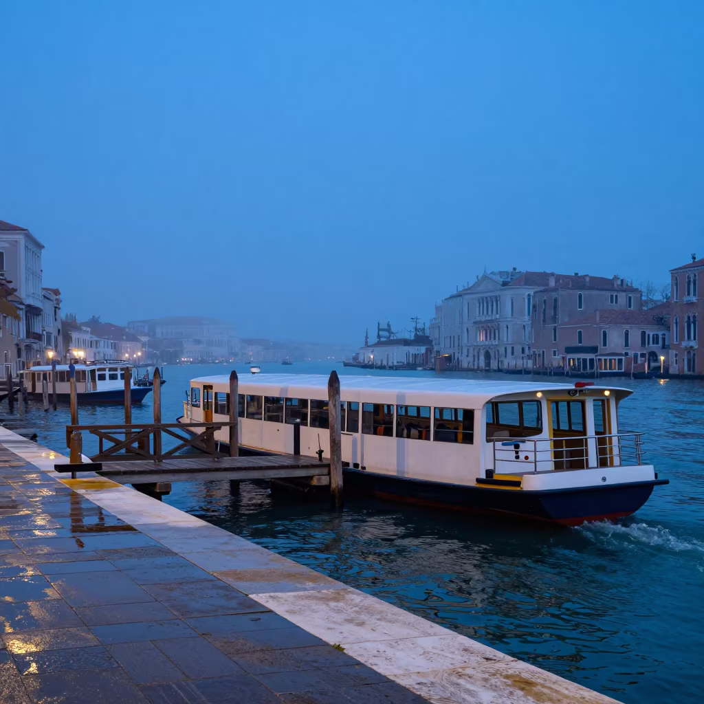 Venice Water Bus Stops at Foggy Harbor Pier in beside a fogbound harbor mouth near Venice