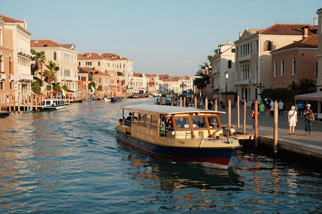 Venice Water Taxi Dock Late Afternoon Reflections and Local Activity in in Venice, Italy